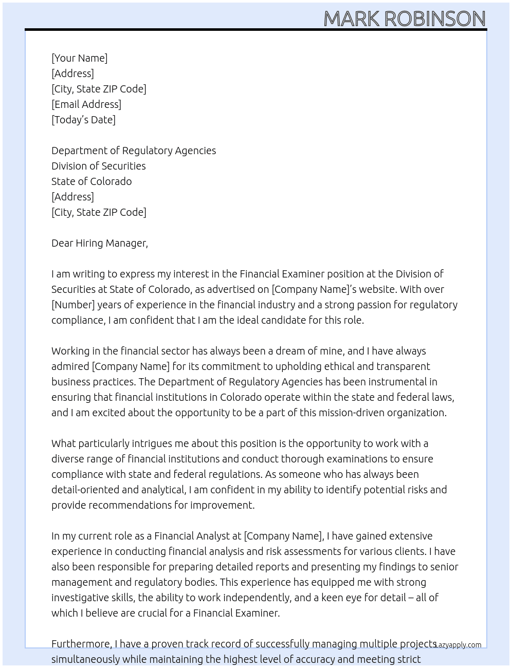 Financial Examiner At Division of Securities at State of Colorado Cover Letter