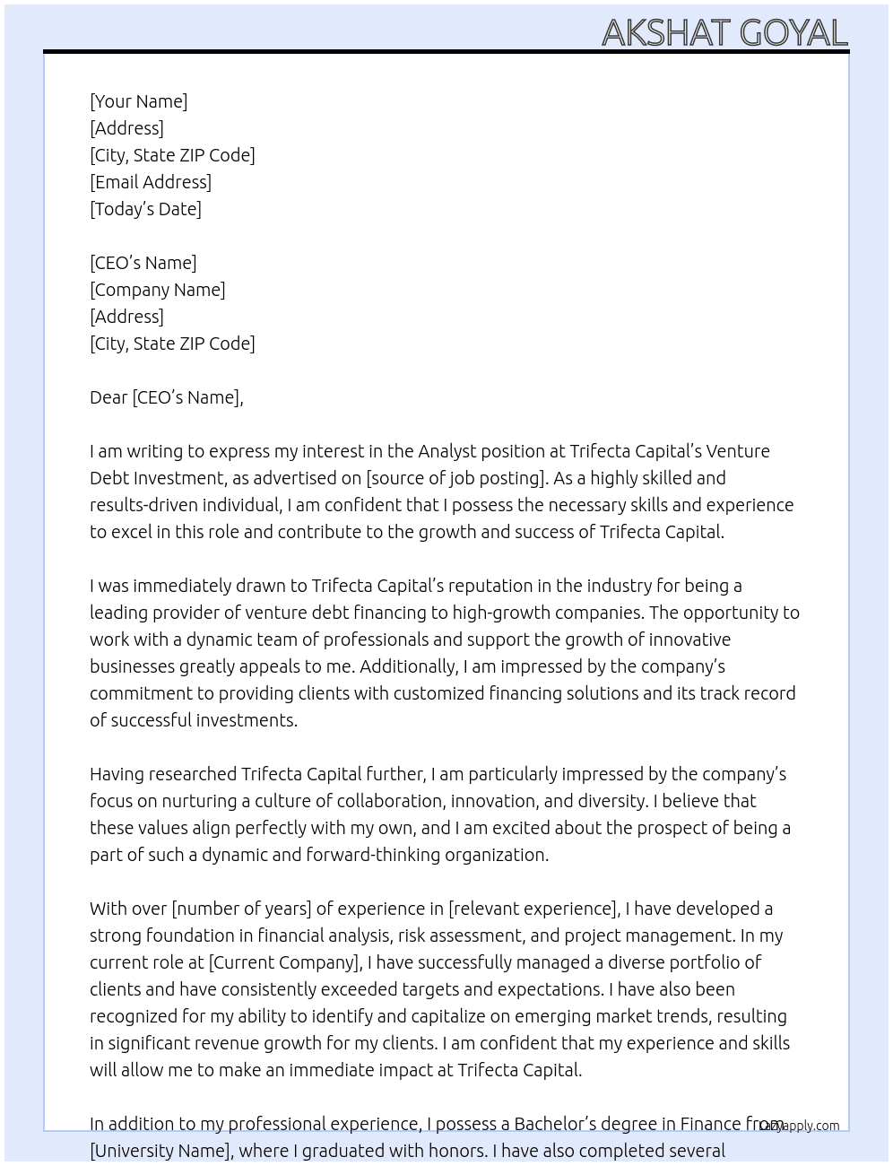 Analyst position at Trifecta Capital's Venture Debt Investment At Trifecta Capital Cover Letter