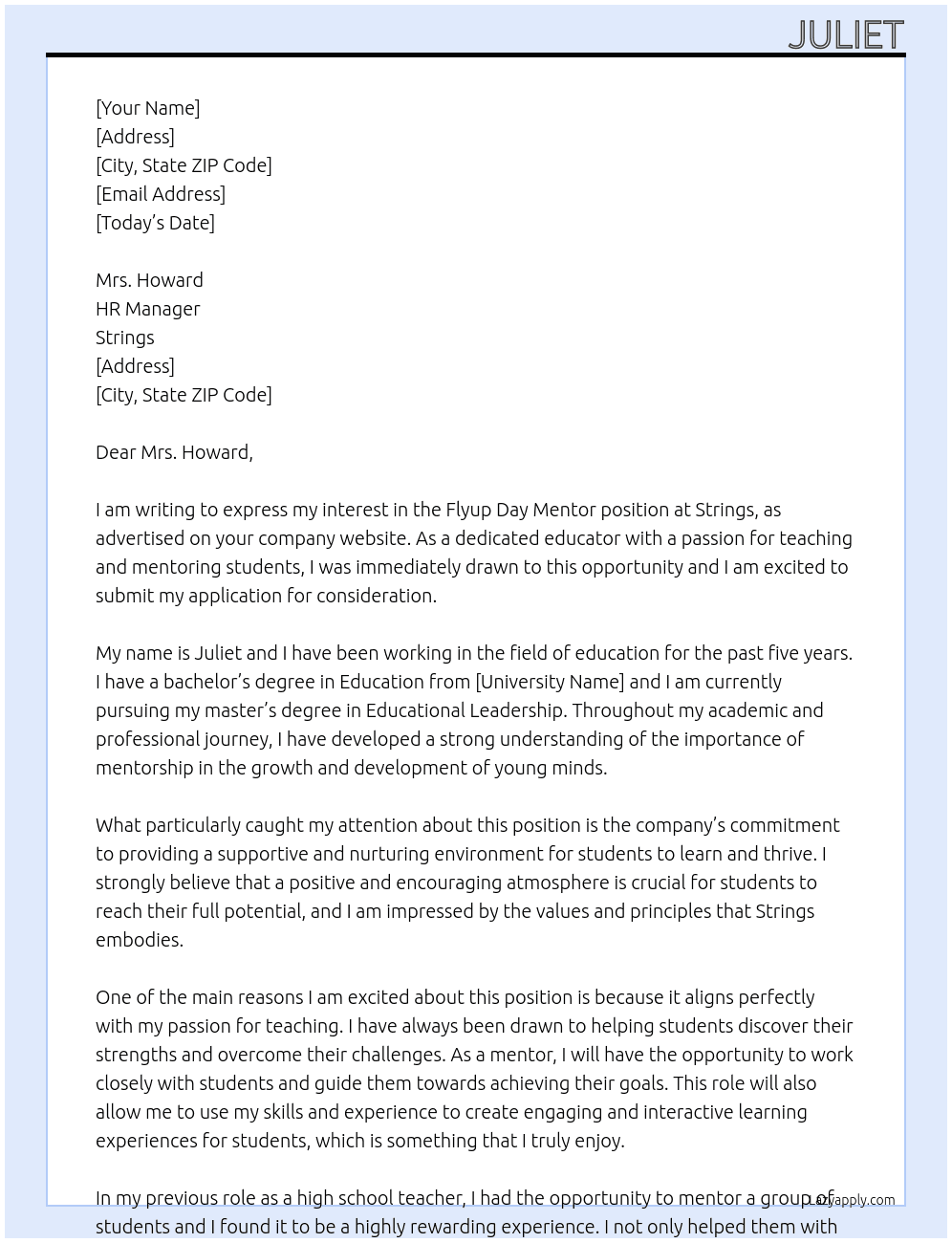Flyup Day Mentor  At Strings Cover Letter