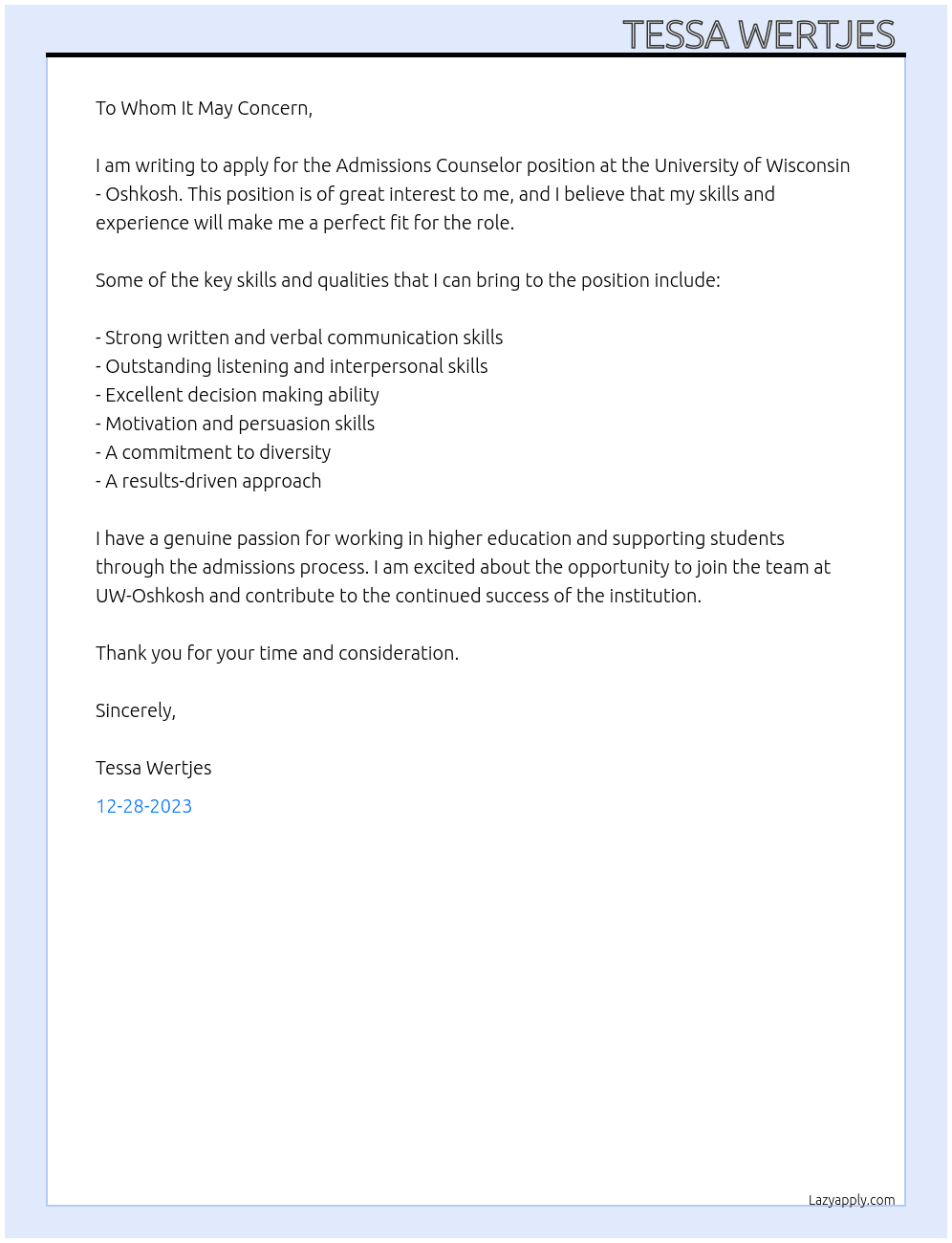 Admissions Counselor  At University of Wisconsin - Oshkosh Cover Letter