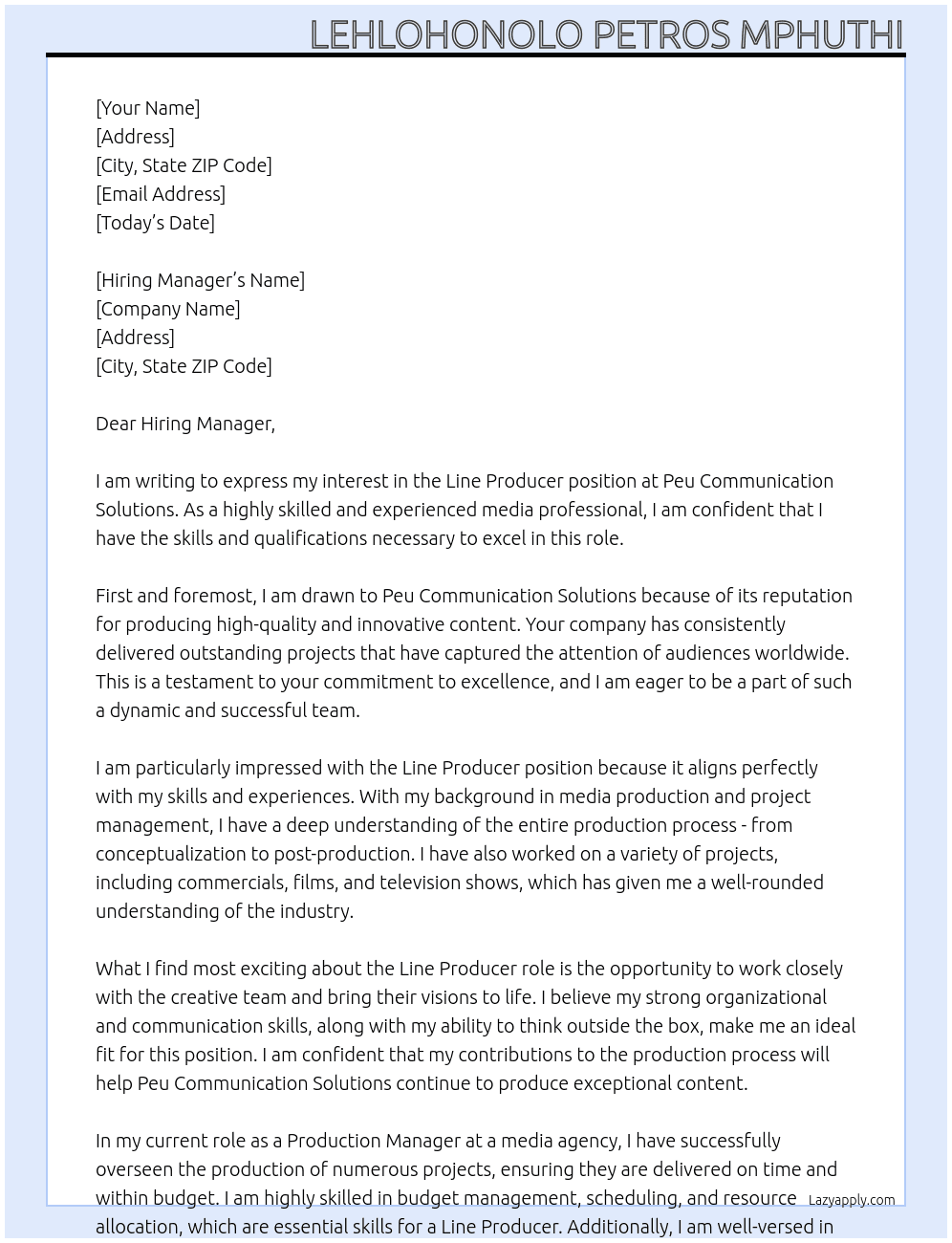 Line Producer At Peu Communication Solutions Cover Letter