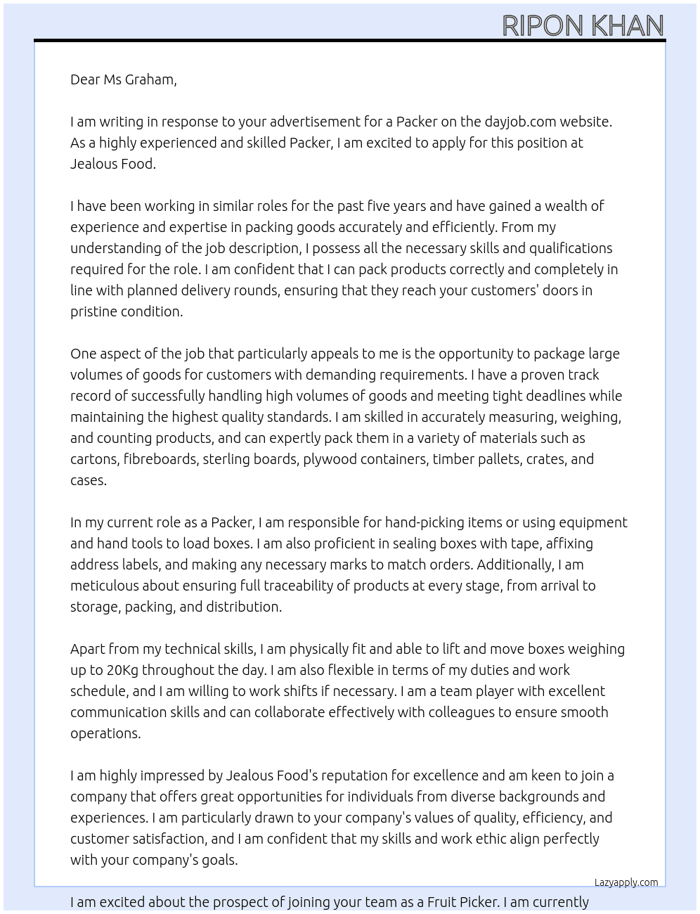 Fruit Picker At Jealous food Cover Letter