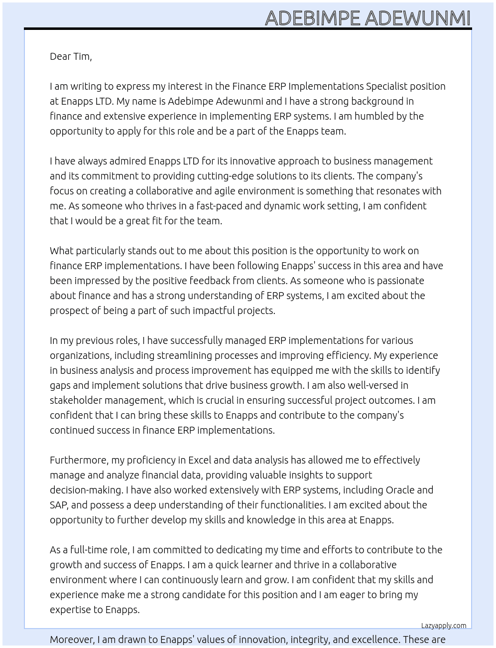 Finance ERP Implementations Specialist At Enapps LTD Cover Letter