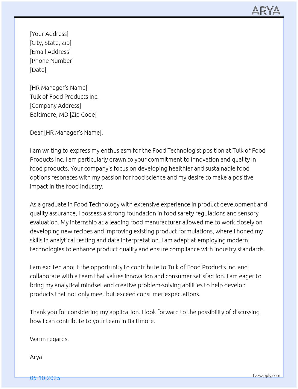 Food Technologist  At Tulk of Food Products  Inc Cover Letter