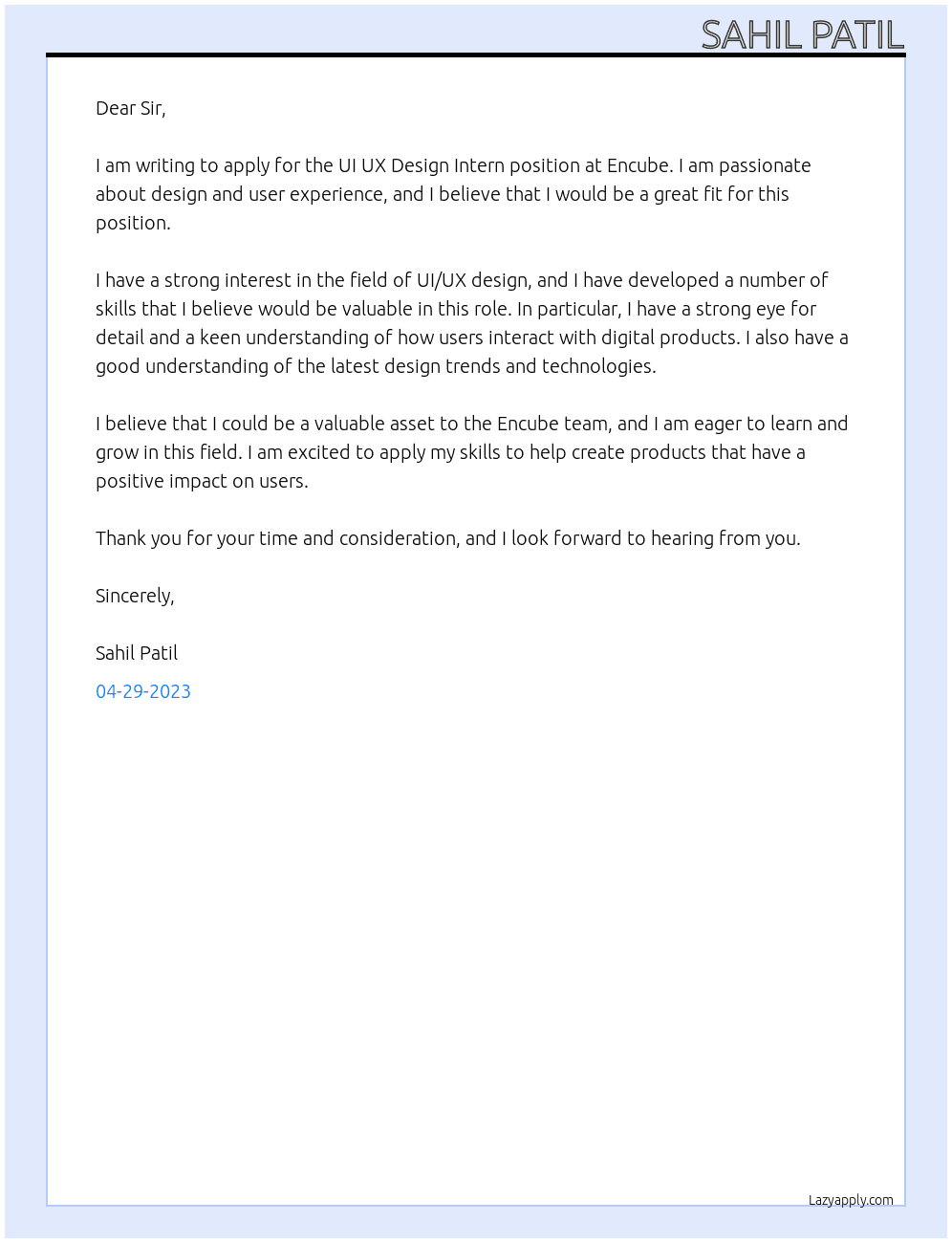 UI UX Design Intern At Encube Cover Letter
