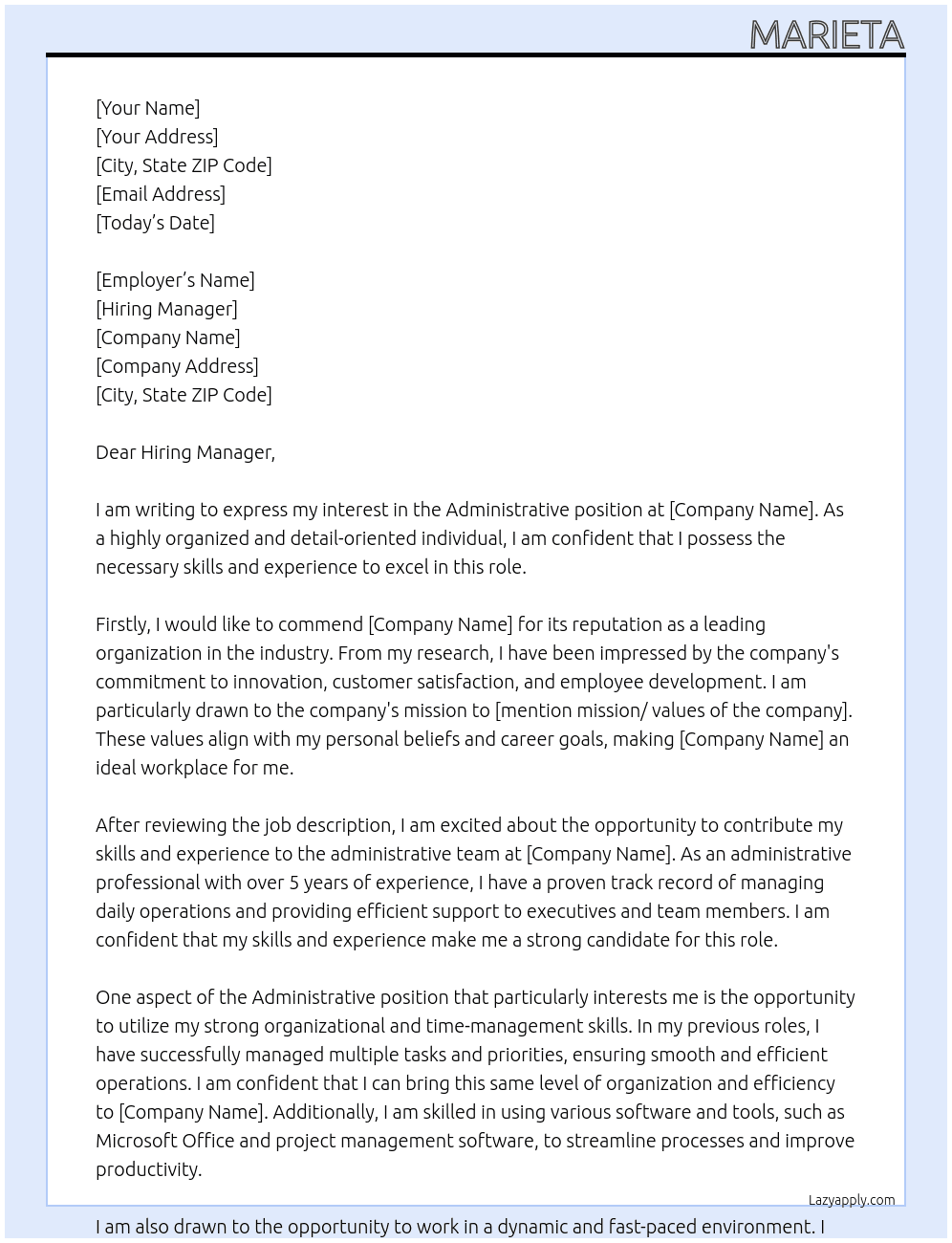 Administrative At Unknown Cover Letter