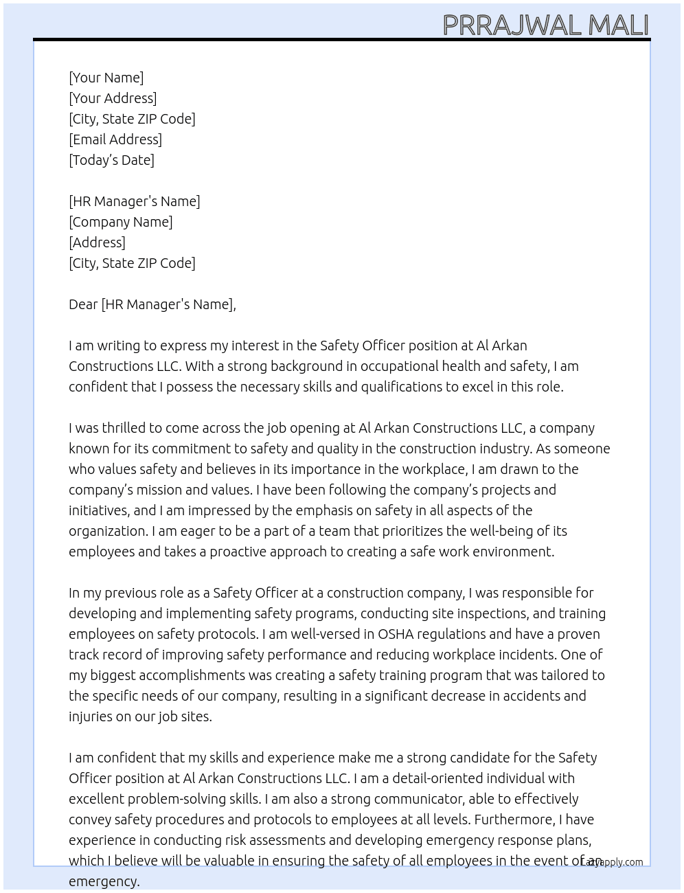Safety Officer At Al Arkan Constructions LLC Cover Letter