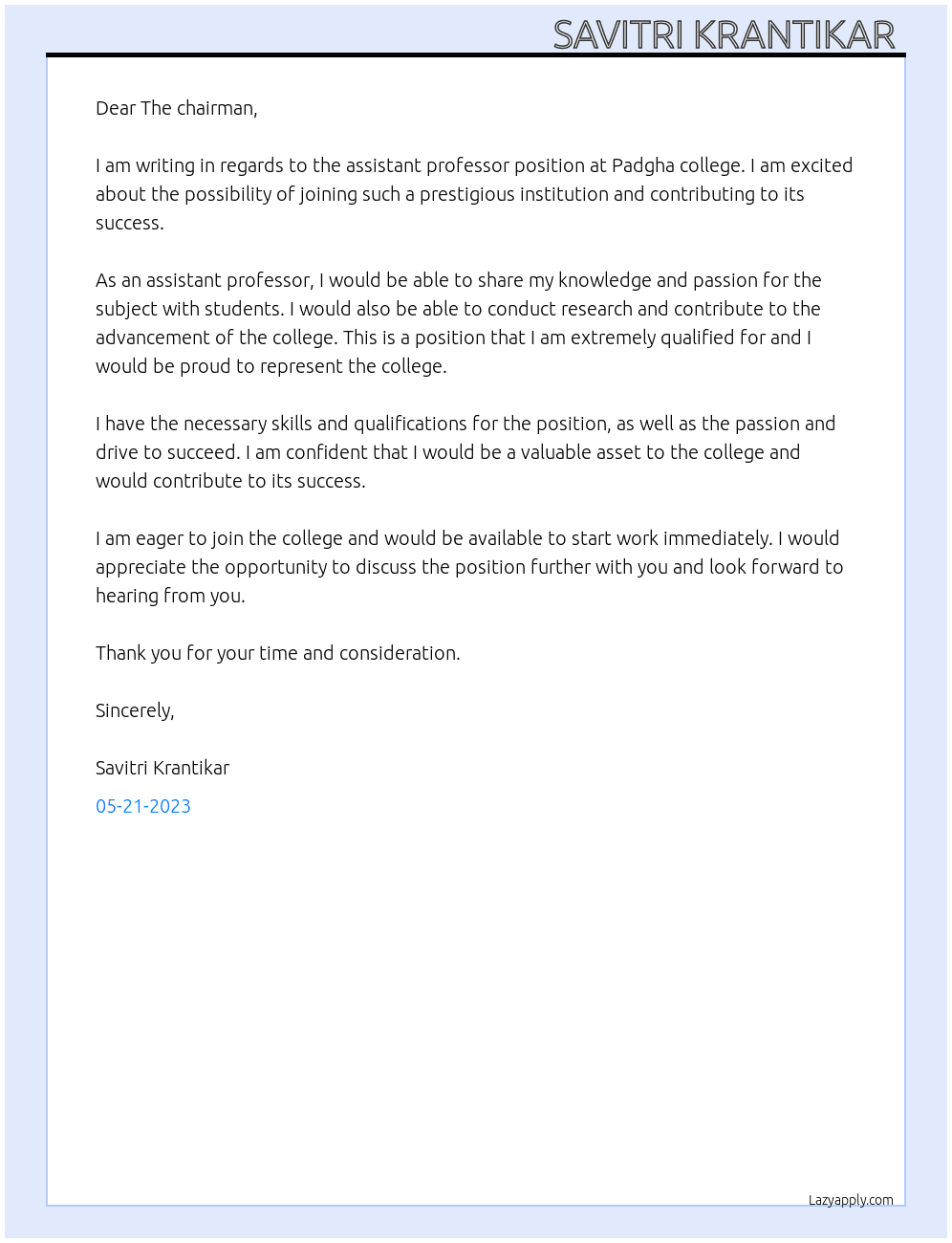 Assistant professor  At Padgha college  Cover Letter