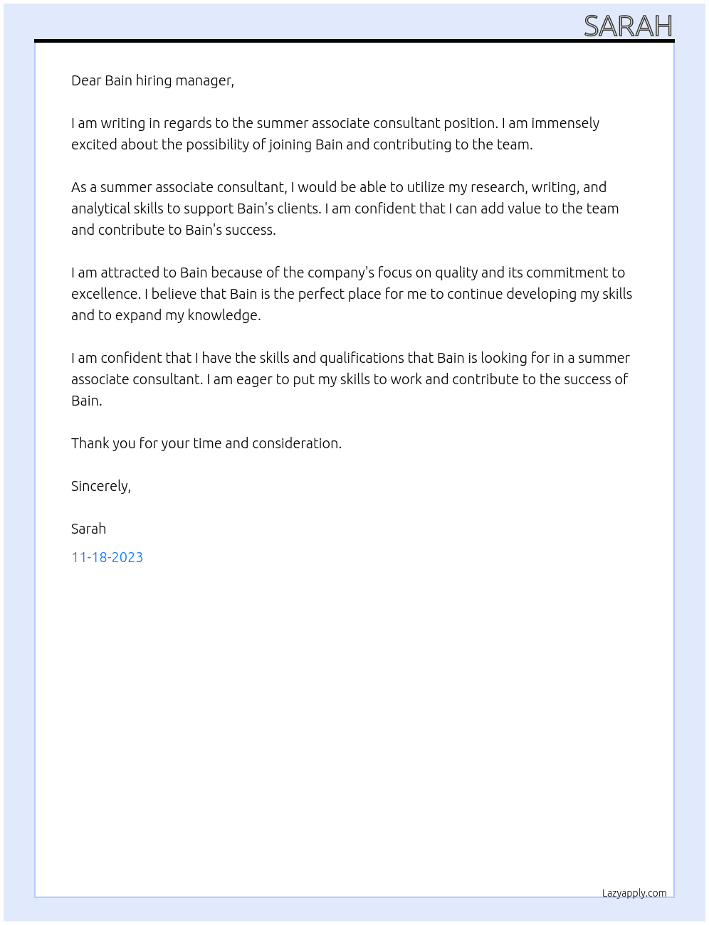 Summer Associate consultant At Bain Cover Letter