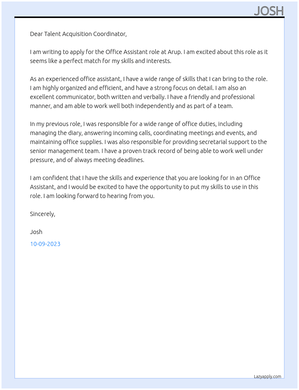 Office Assistant At Arup Cover Letter