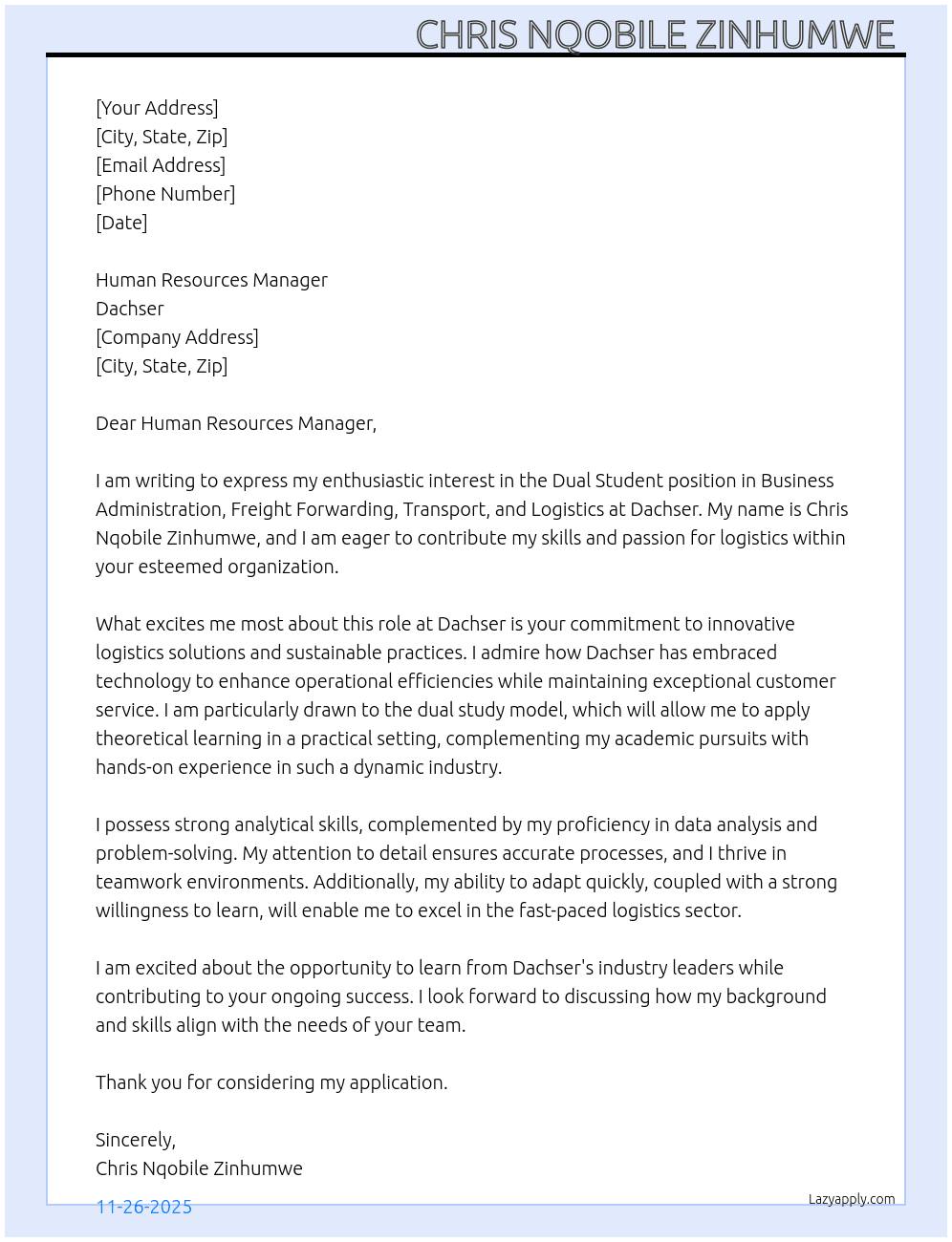 Dual student, Business administration,freight forwardering,transport  and logistics  At Dachser  Cover Letter