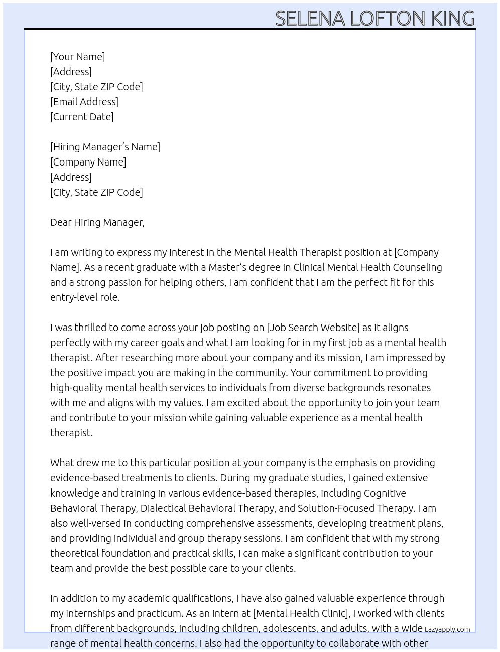 Mental Health Therapist At unspecified Cover Letter