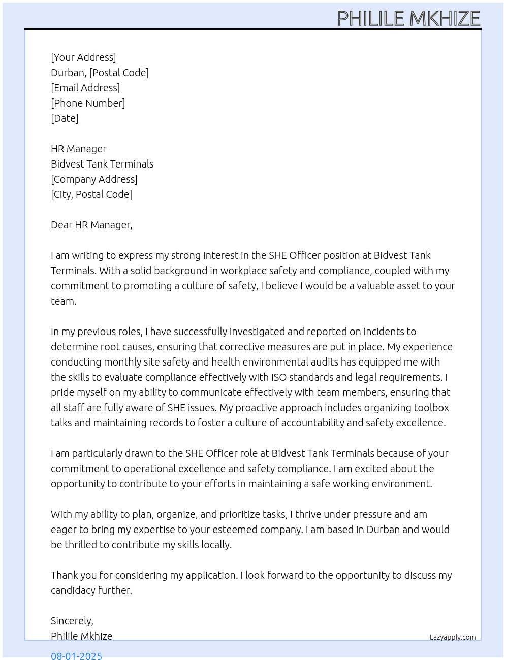 Cover letter for she officer - LazyApply
