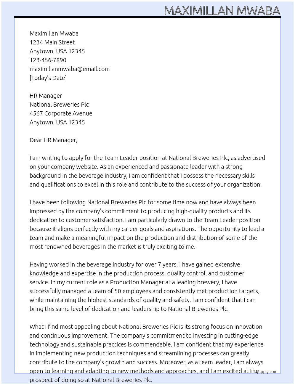 Team leader At National Breweries Plv Cover Letter