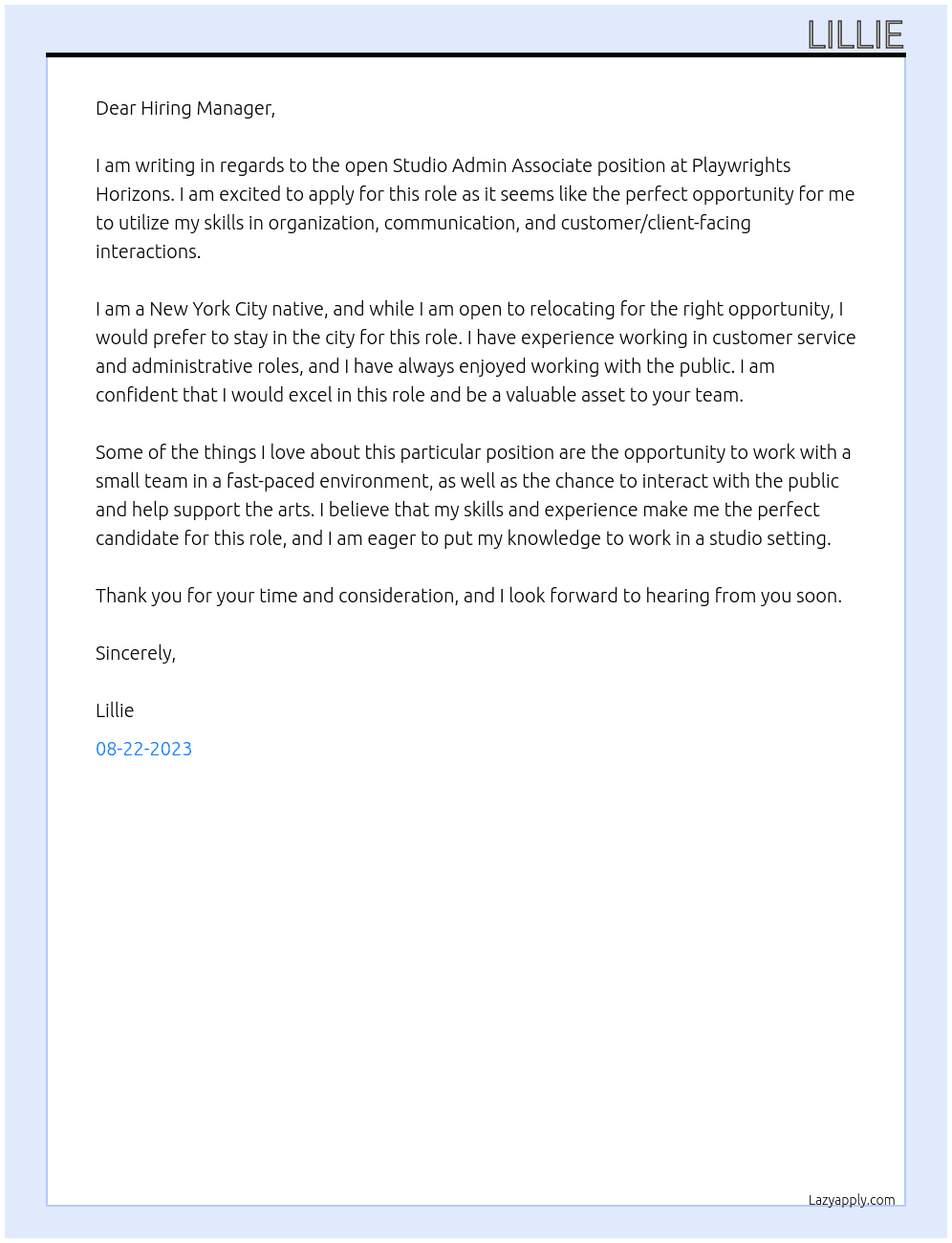 Studio Admin Associate At Playwrights Horizons Cover Letter