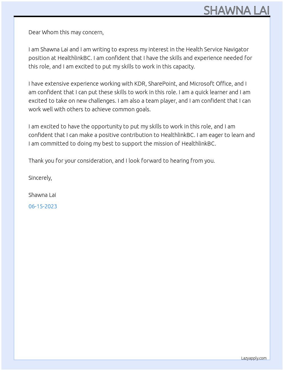 Health Service Navigator  At HealthlinkBC Cover Letter