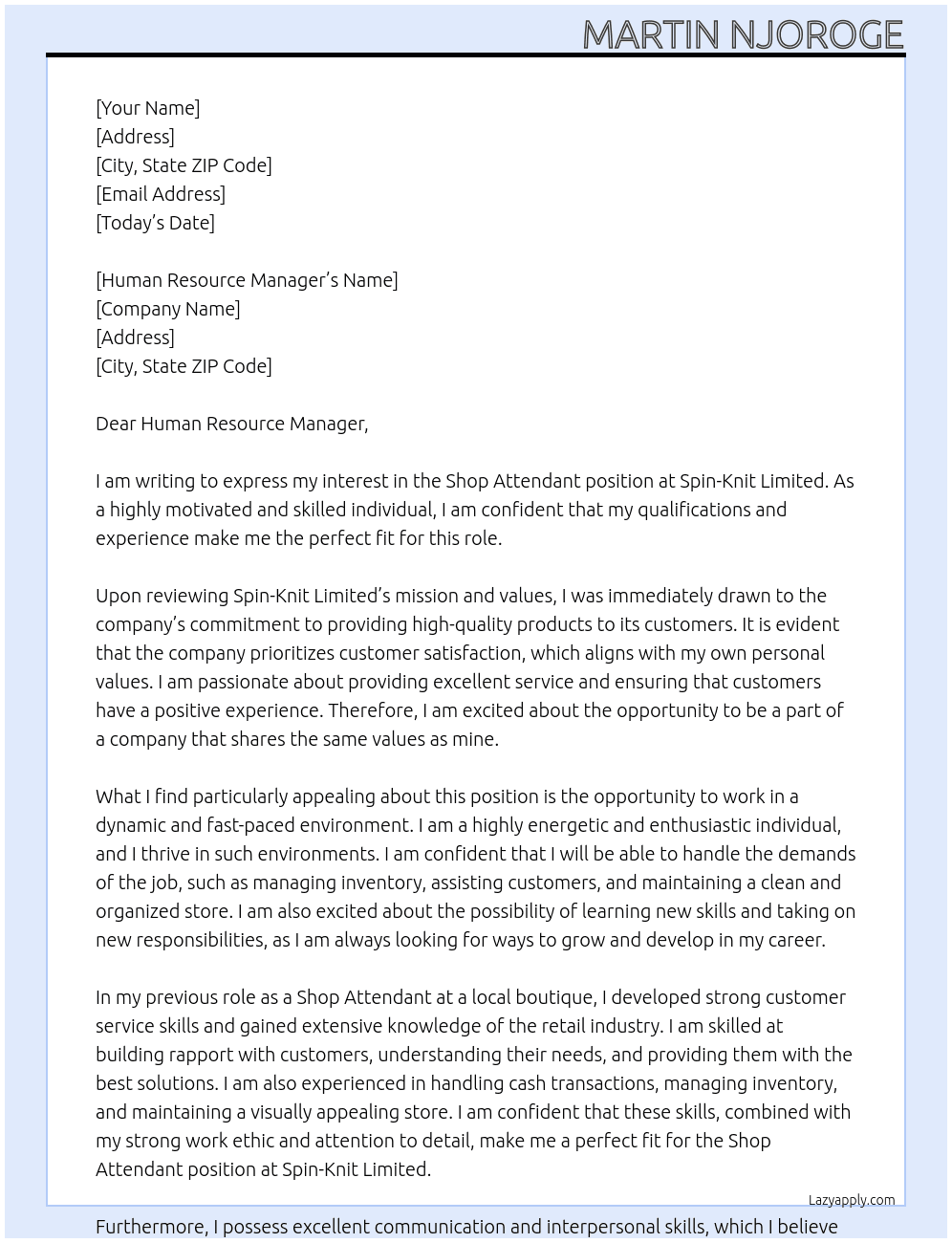 Shop Attendant At Spin-Knit Limited Cover Letter