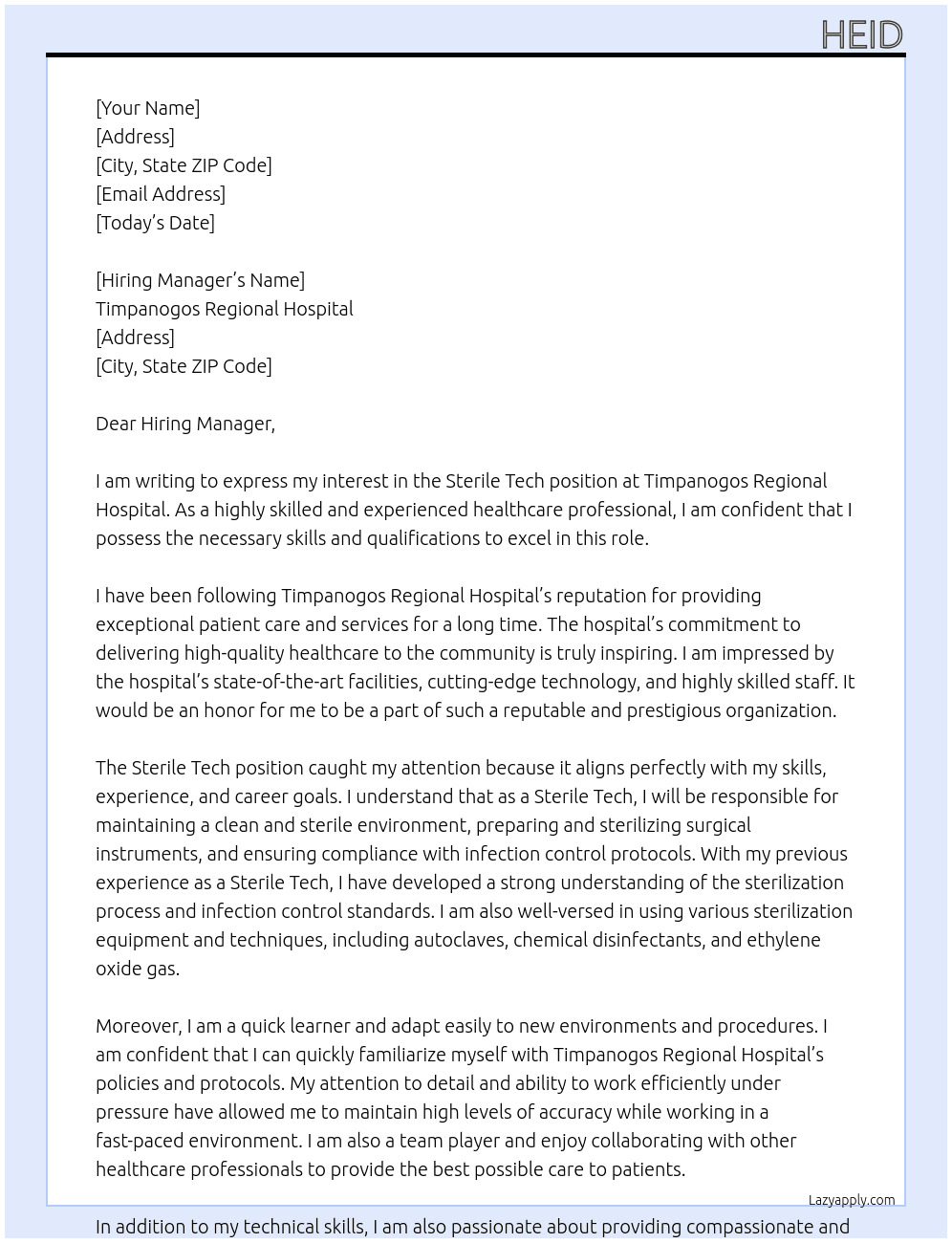 Sterile Tech At Timpanogos Regional Hospital Cover Letter