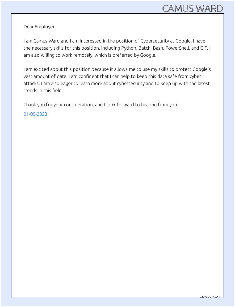 Cover letter for cybsersecurity - LazyApply