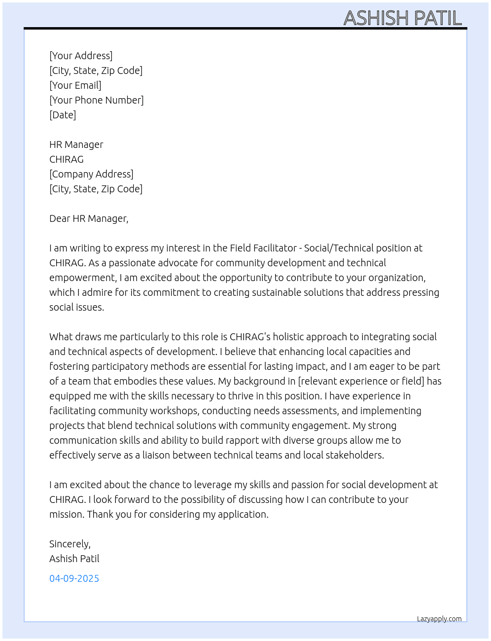Field Facilitator - Social/Technical  At CHIRAG Cover Letter