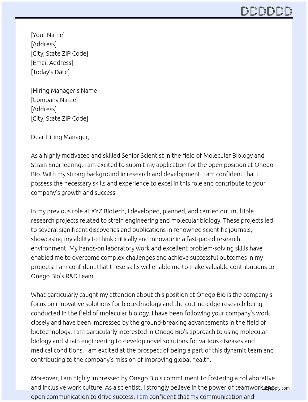 Senior Scientist – Molecular Biology & Strain Engineering / Research and Development At Onego Bio Cover Letter