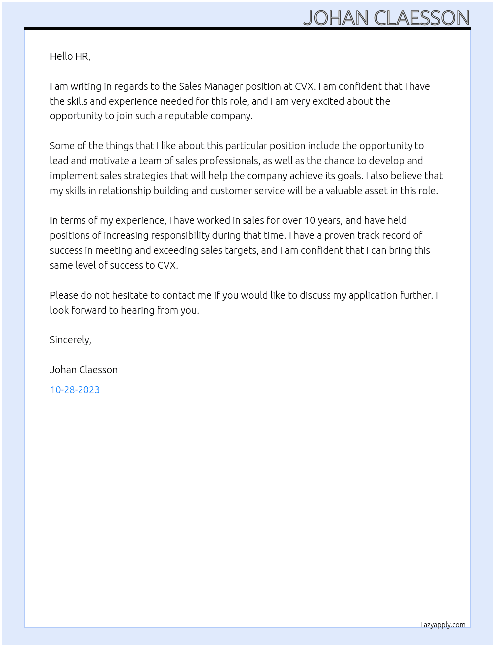 Sales Manager At CVX Cover Letter