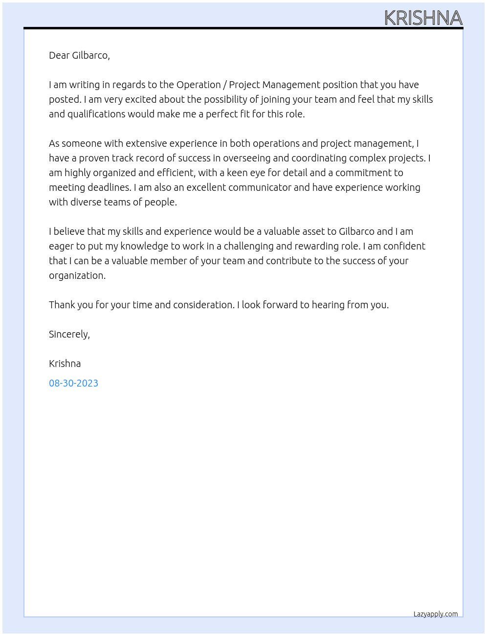Operation / Project Management  At Gilbarco Cover Letter