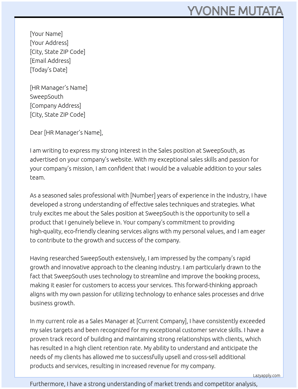 sales At sweepsouth Cover Letter