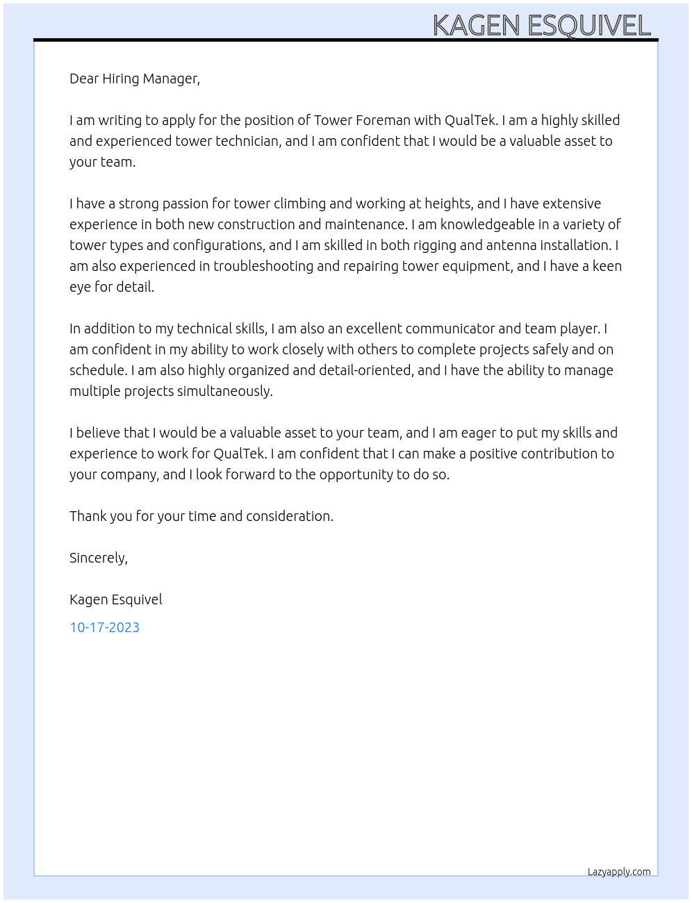 Tower Foreman  At QualTek Cover Letter