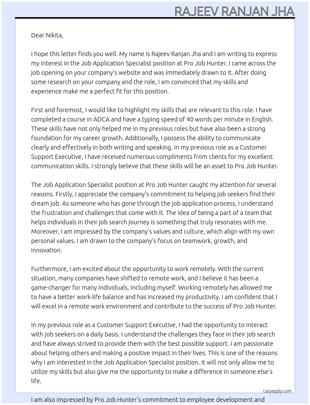 Job Application Specialist At Pro Job Hunter Cover Letter