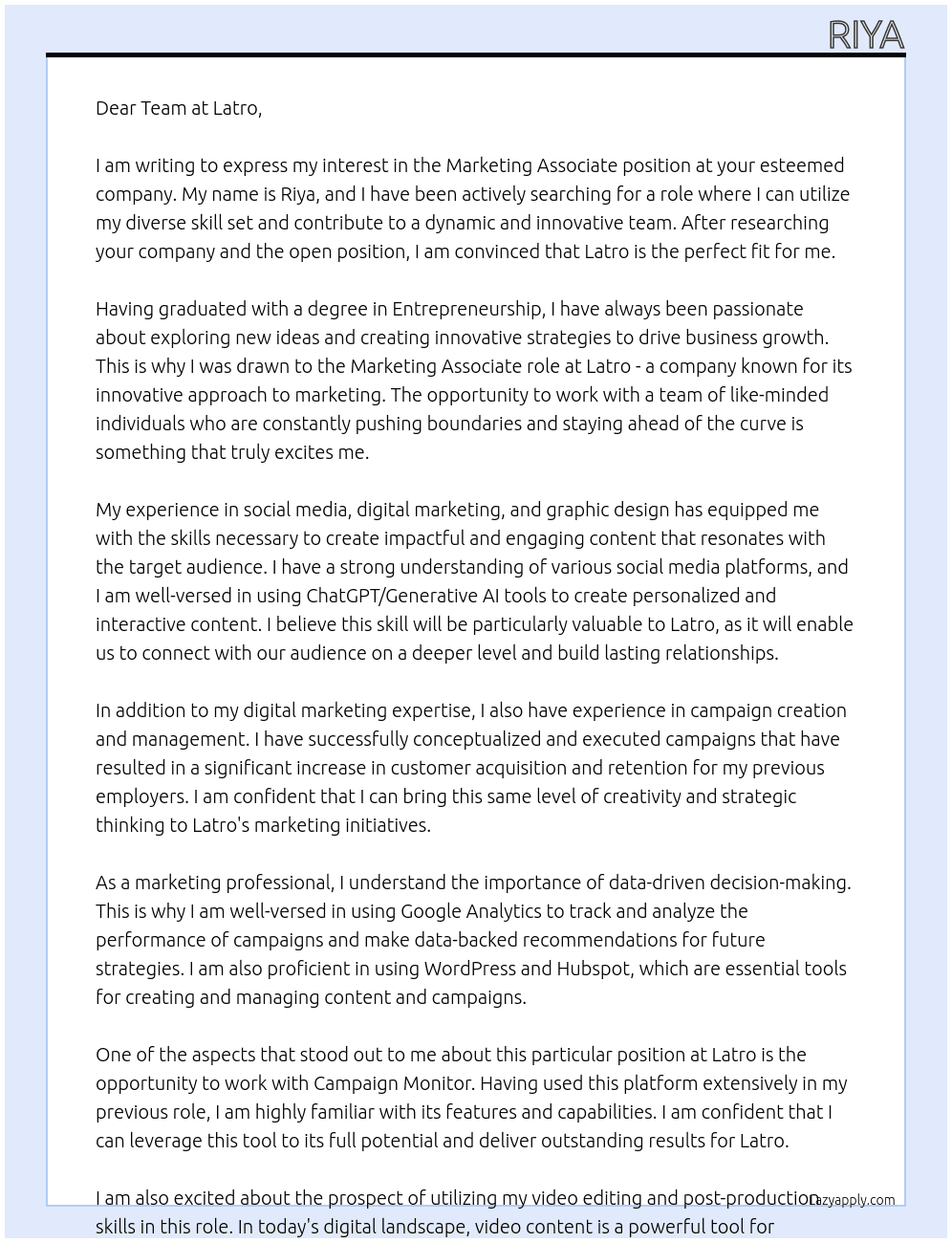 Marketing Associate At Latro Cover Letter