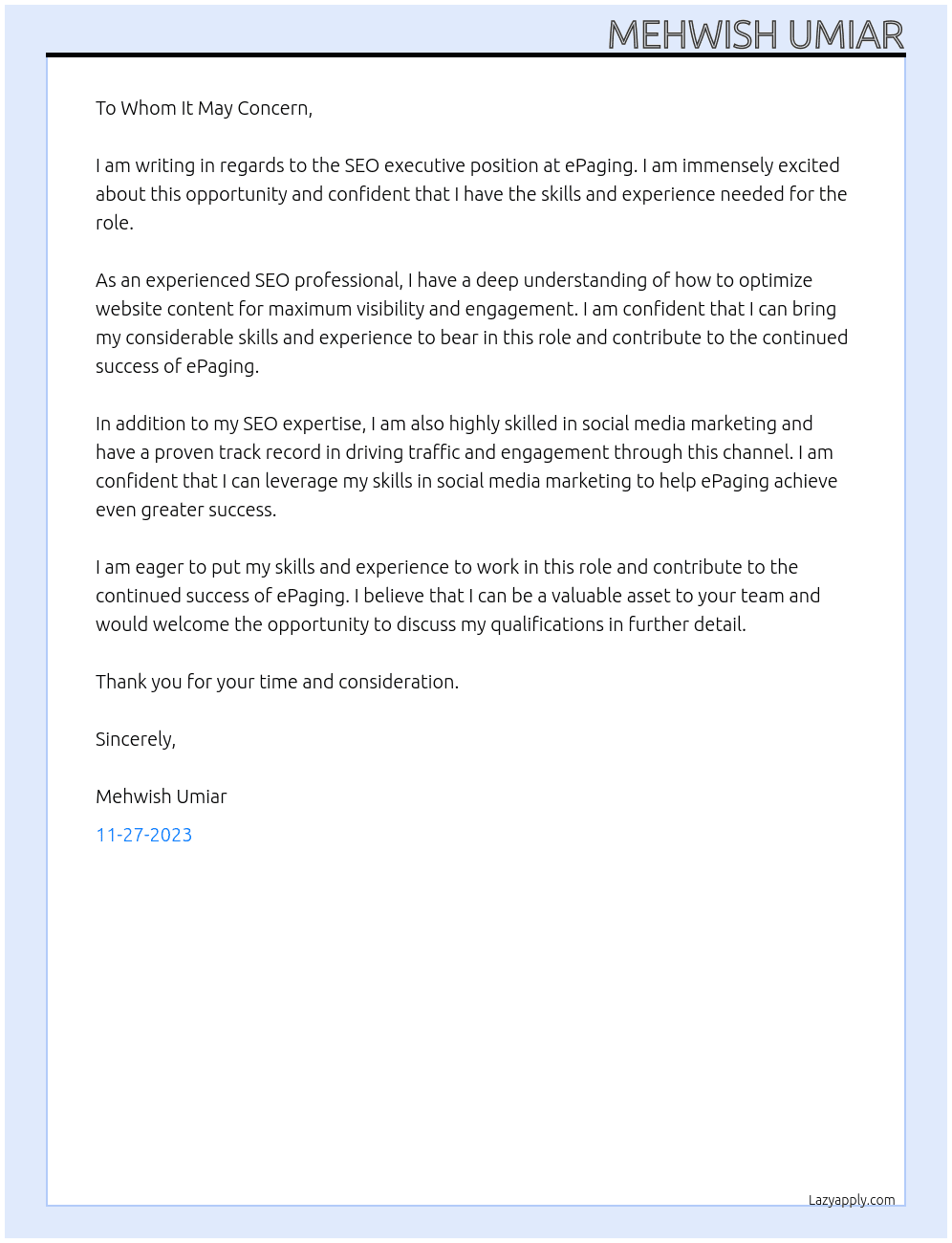 SEO executive At ePaging Cover Letter