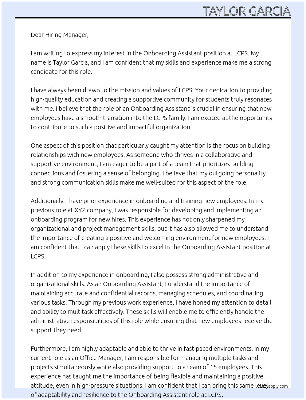 onboarding assistant At LCPS Cover Letter
