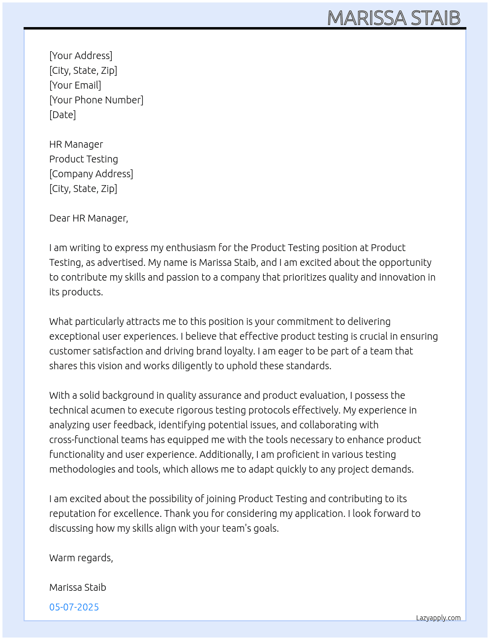 Product Testing At Product Testing Cover Letter