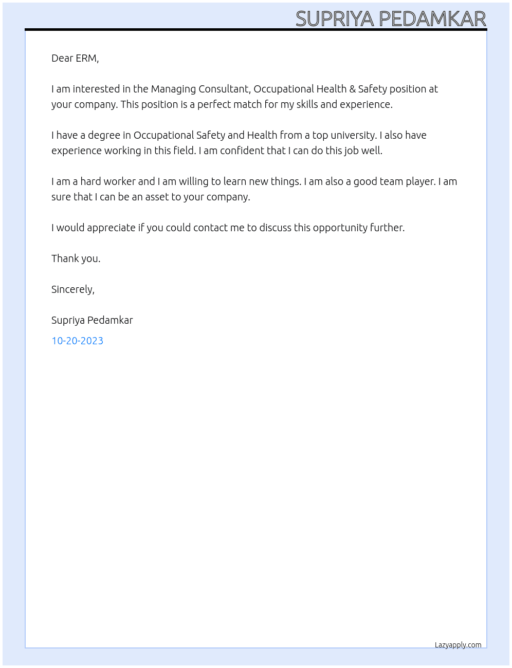 Managing Consultant, Occupational Health & Safety (Mid-Senior Level) At ERM Cover Letter