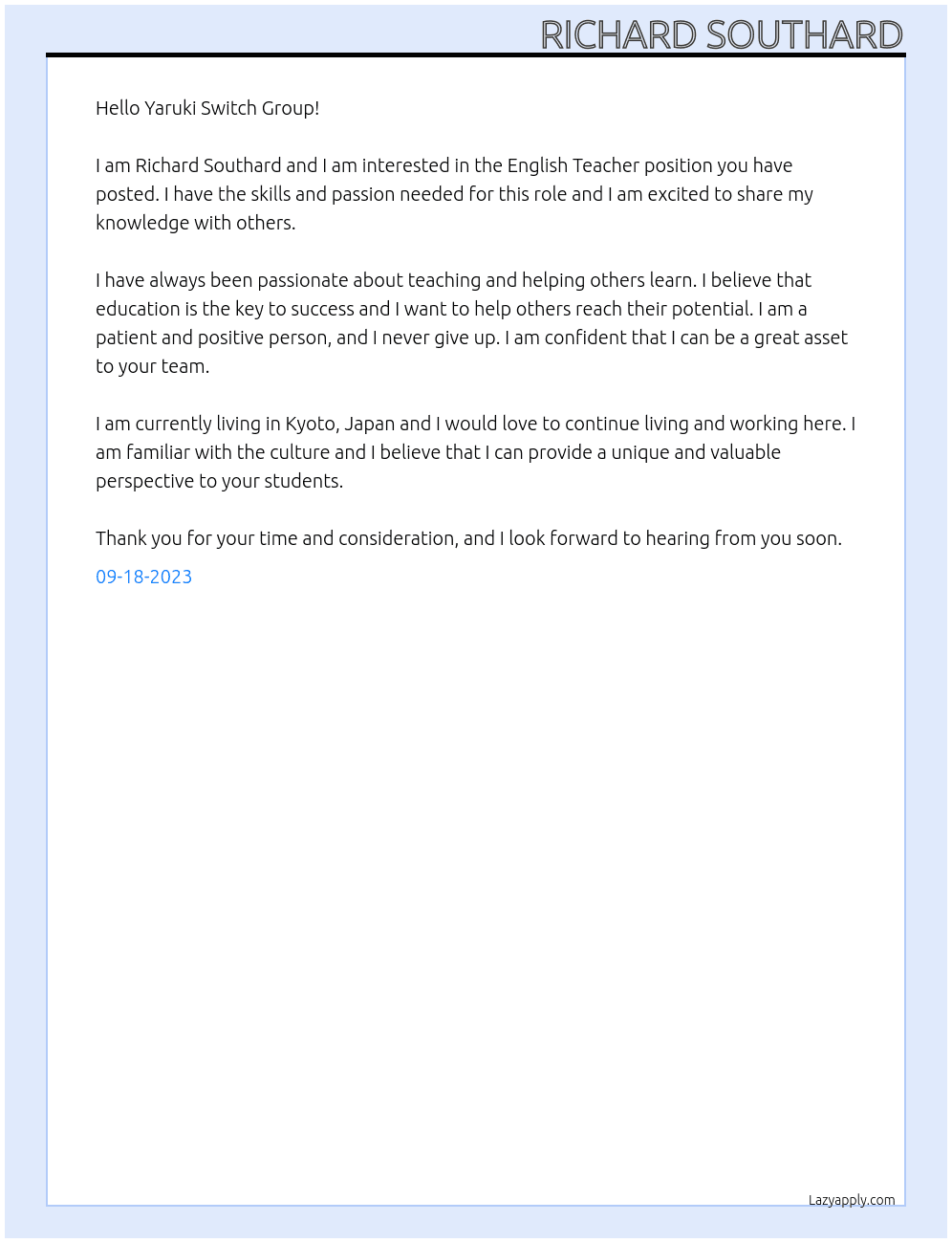 English Teacher At Kids Duo Cover Letter
