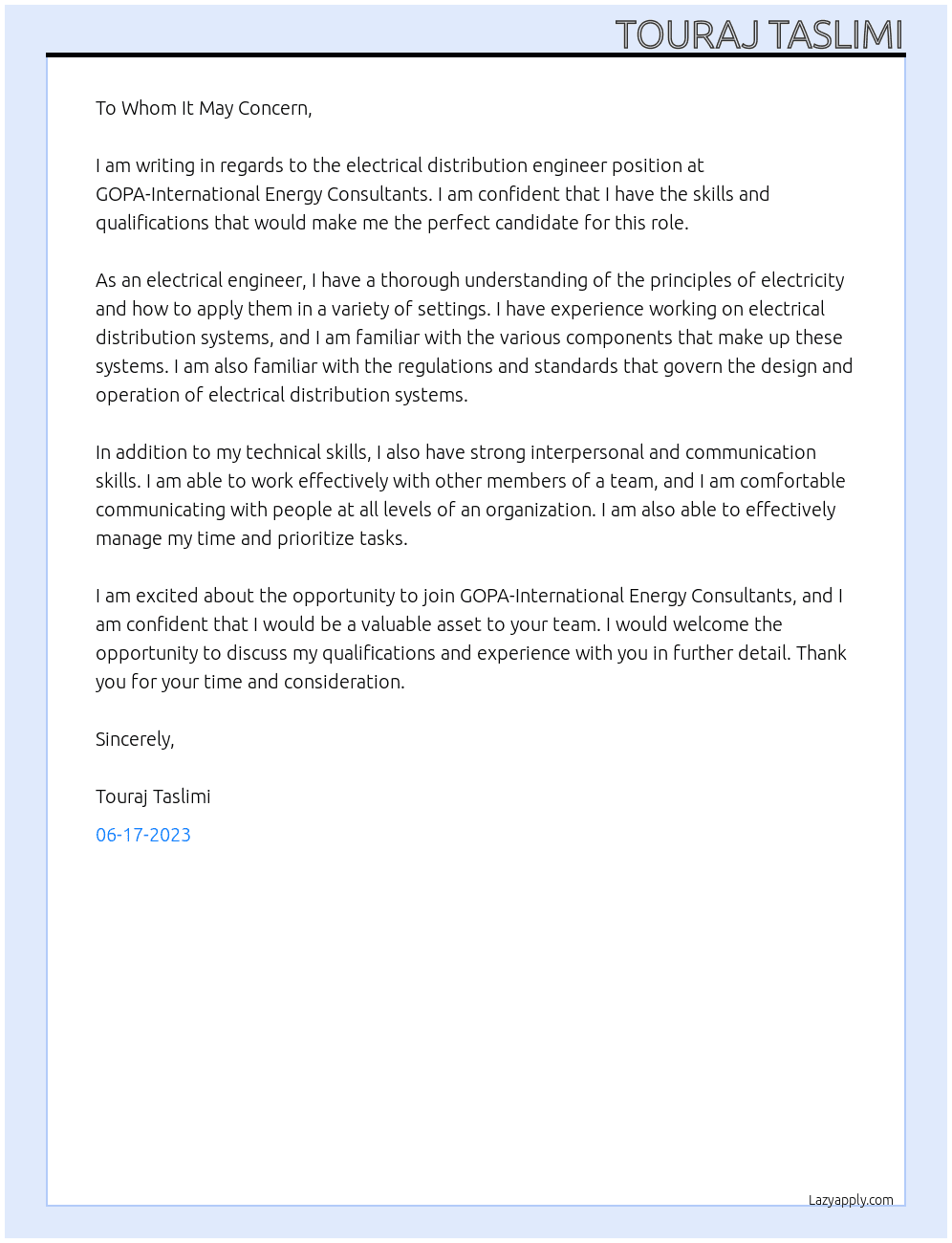 Electrical Distribution Engineer At GOPA-International Energy Consultants Cover Letter