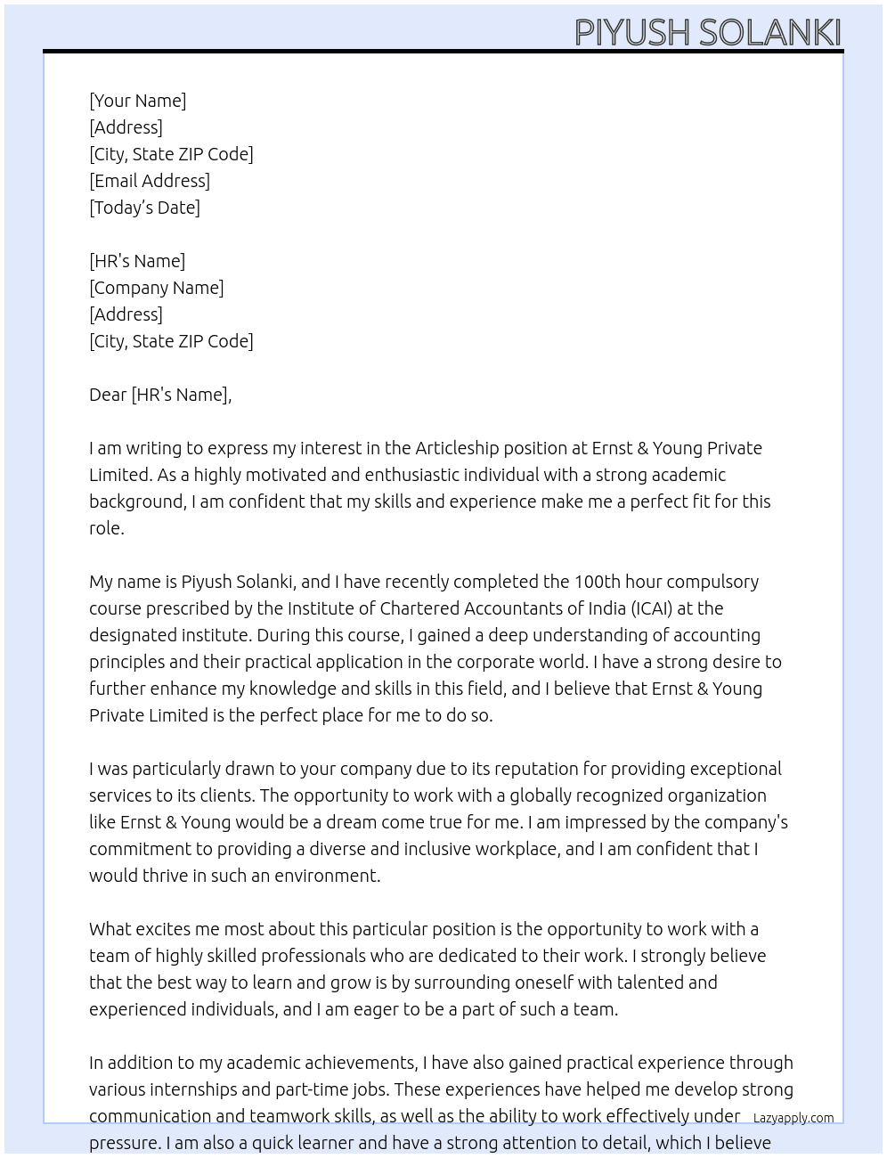 Articleship At Ernst & Young Private Limited Cover Letter