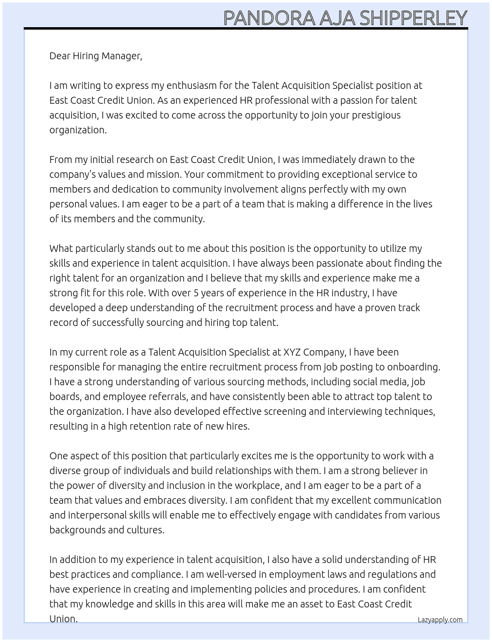 Talent Acquisition Specialist At East Coast Credit Union Cover Letter