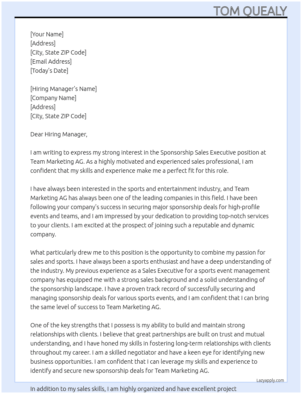 Sponsorship Sales Executive At Team Marketing AG Cover Letter
