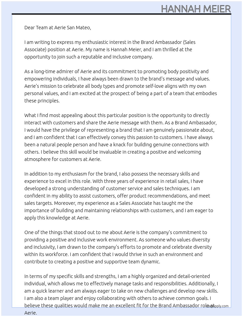 Brand Ambassador (Sales Associate) At Aerie Cover Letter