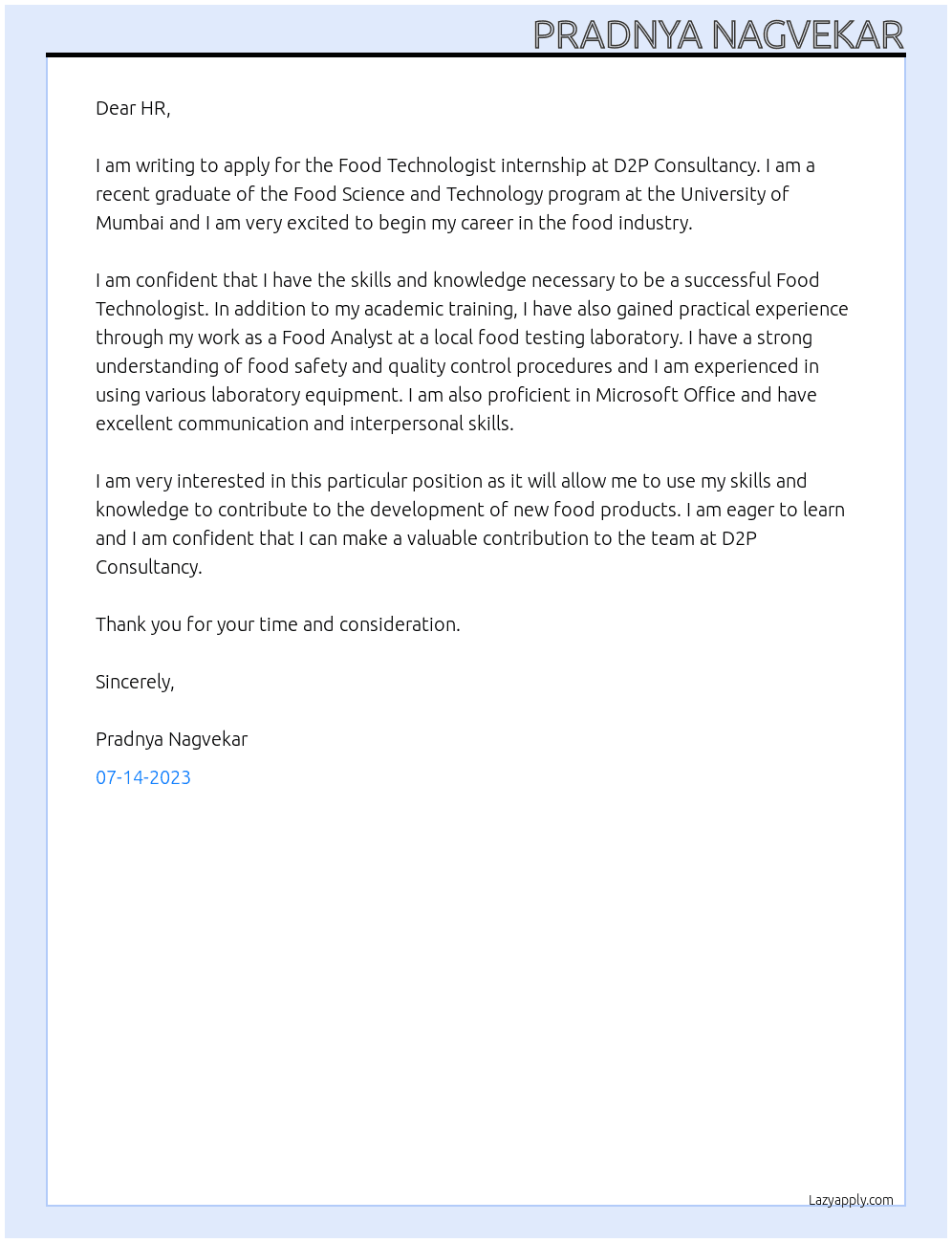 Food Technologist internship At D2P Consultancy Cover Letter