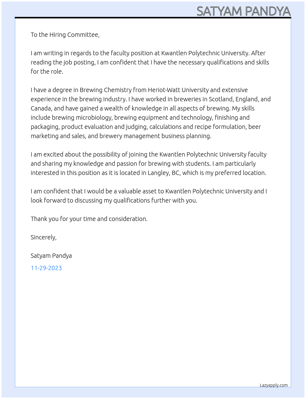 Faculty  At Kwantlen Polytechnic University Cover Letter