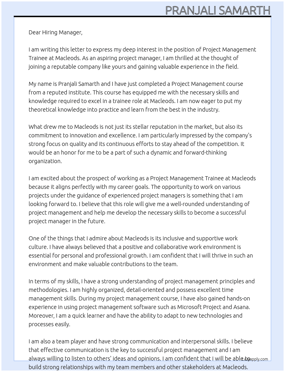 Cover letter for project management trainee - LazyApply