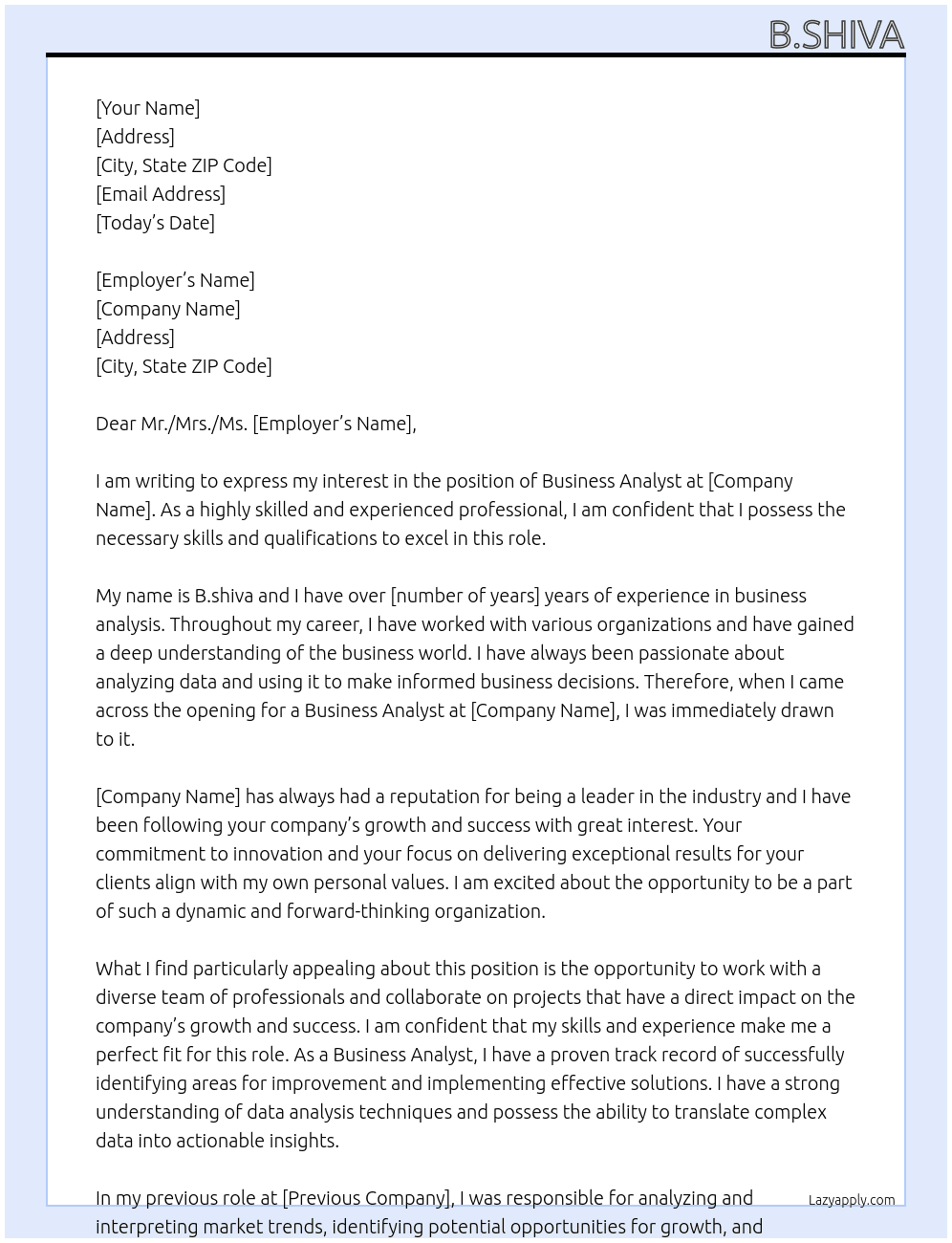 Business analyst  At shiva Cover Letter