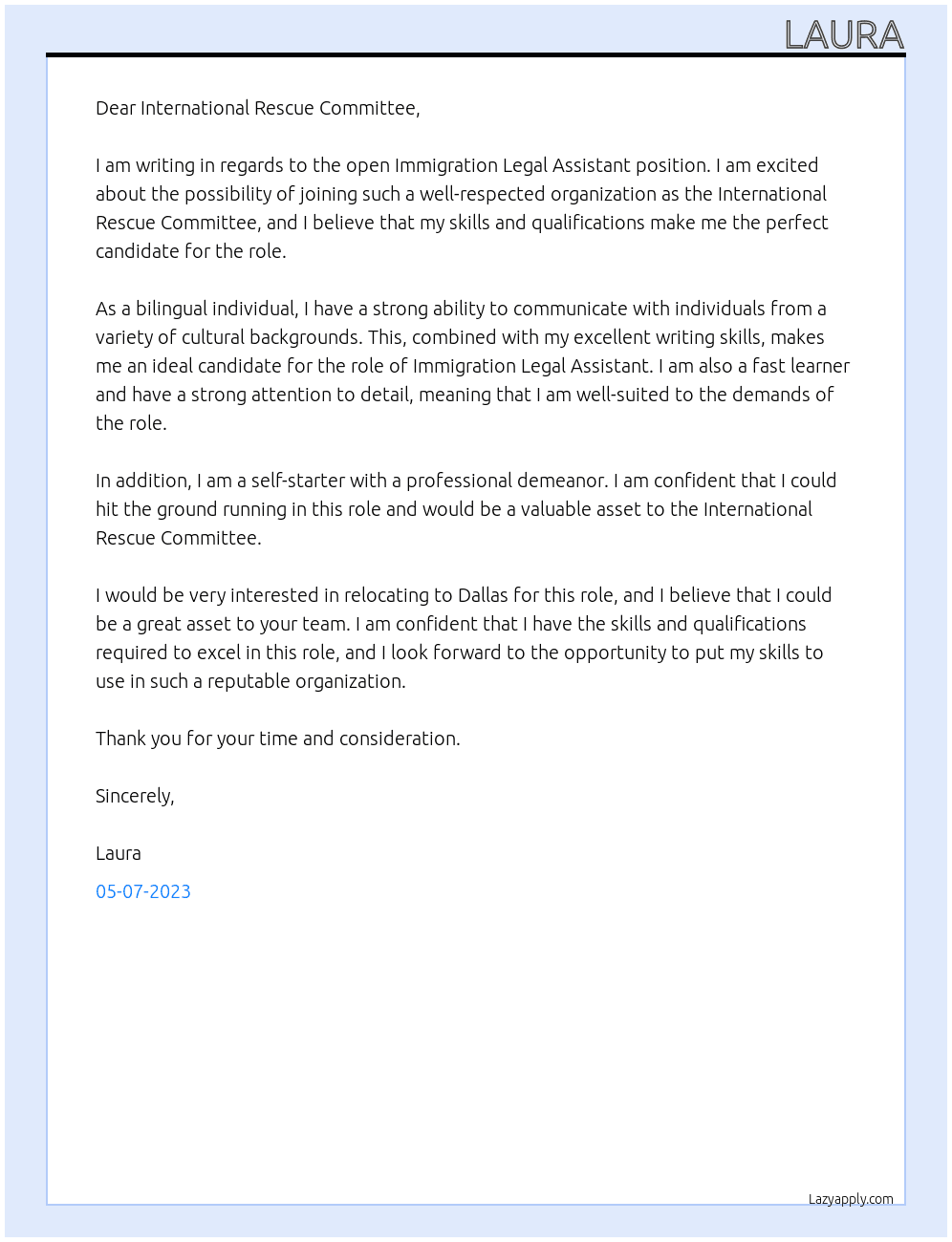 Immigration Legal Assistant At International Rescue Committe Cover Letter