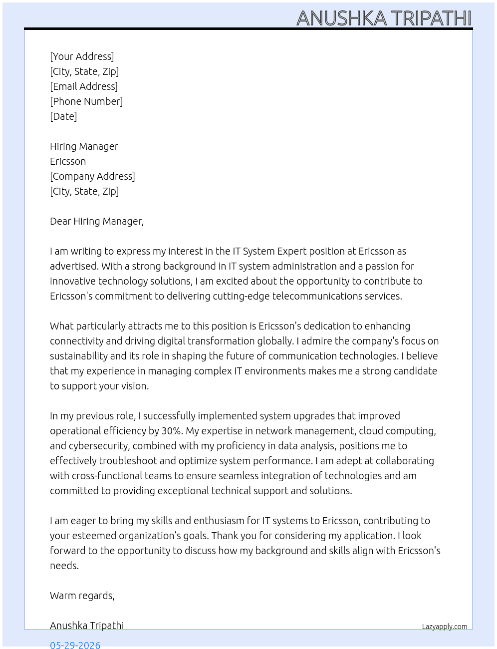 Cover letter for it system expert - LazyApply