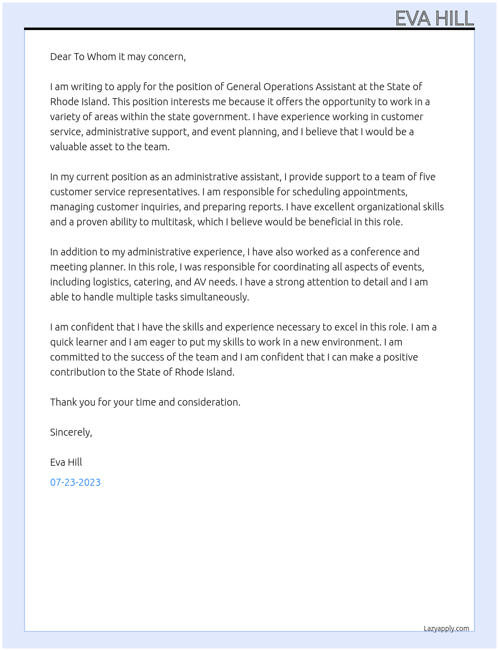 GENERAL OPERATIONS ASSISTANT At State of Rhode island Cover Letter