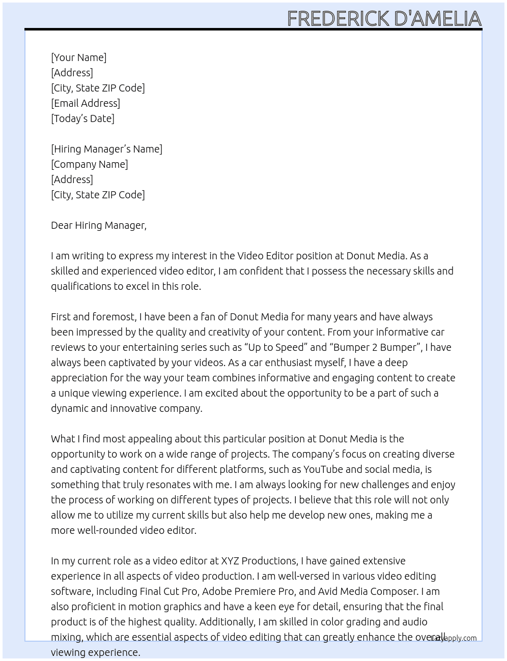 Video Editor At Donut Media Cover Letter