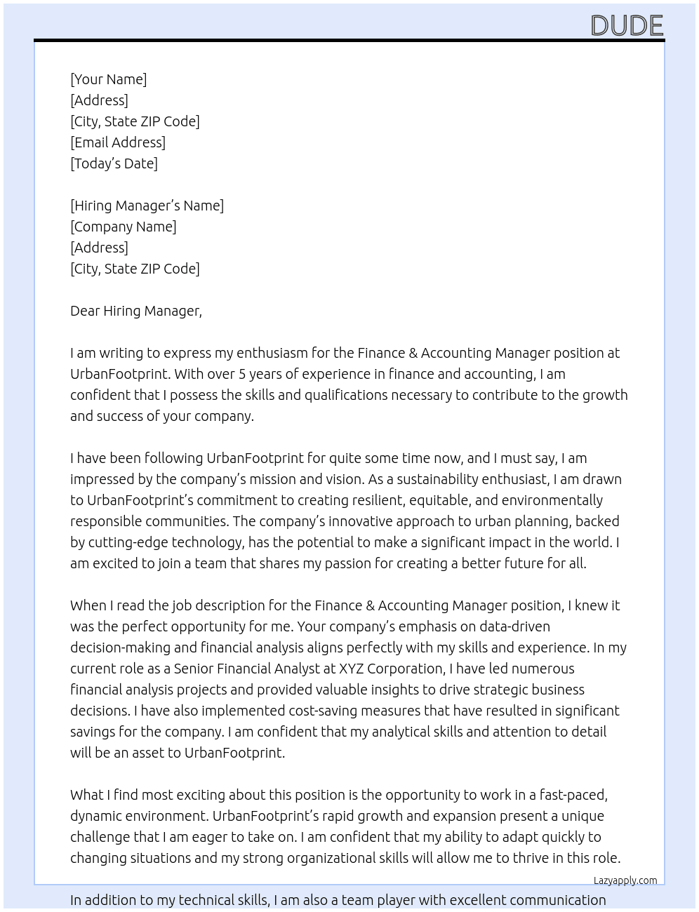 Finance & Accounting Manager At UrbanFootprint Cover Letter
